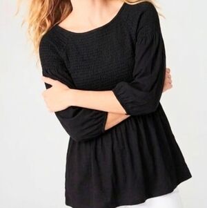 J. Jill Black Smocked 3/4 Sleeve Knit Top Size Medium
